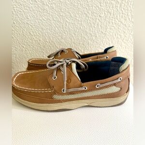 Sperry YB46122A Unisex Kids' Sz5.5M Dark Tan/Navy Leather Lanyard‎ Boat Shoes